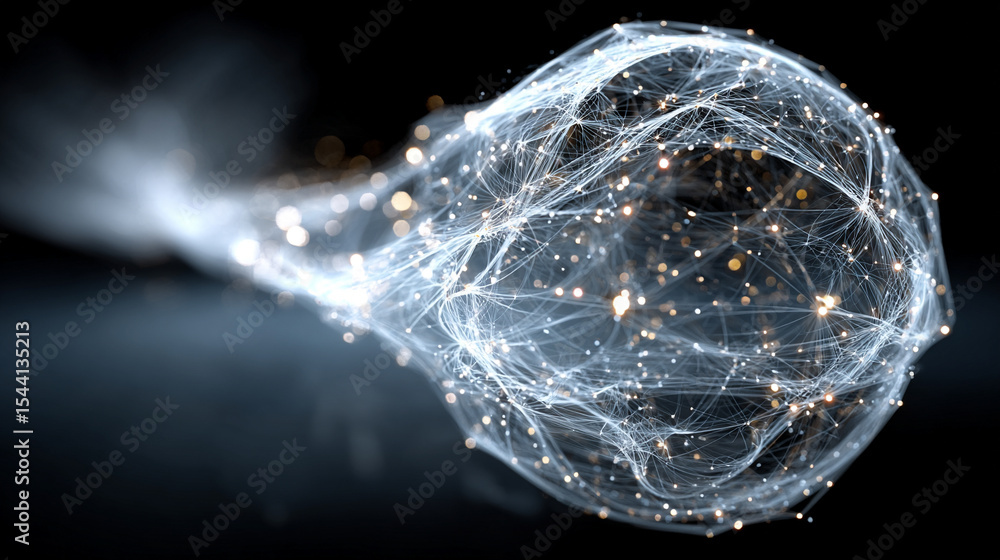 Poster pulsating wireframe sphere with coded lights glows against a dark background. abstract digital netwo