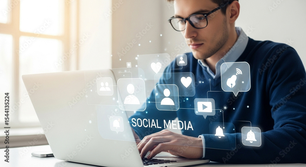 Aufkleber man using laptop with social media icons overlayed on screen near window with natural light shining 
