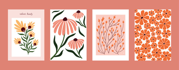 floral art print and pattern bundle with hand drawn wildflowers, botanical branches and orange blossoms for modern wall decor, stationery and textile design