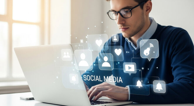 Man using laptop with social media icons overlayed on screen near window with natural light shining through