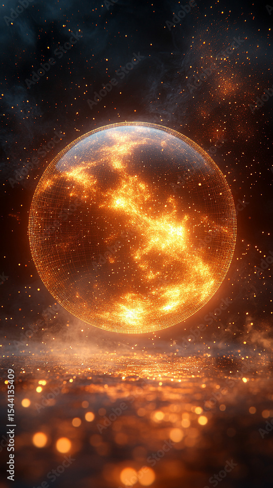 Poster pulsating wireframe sphere with coded lights glows against a dark background. abstract digital netwo