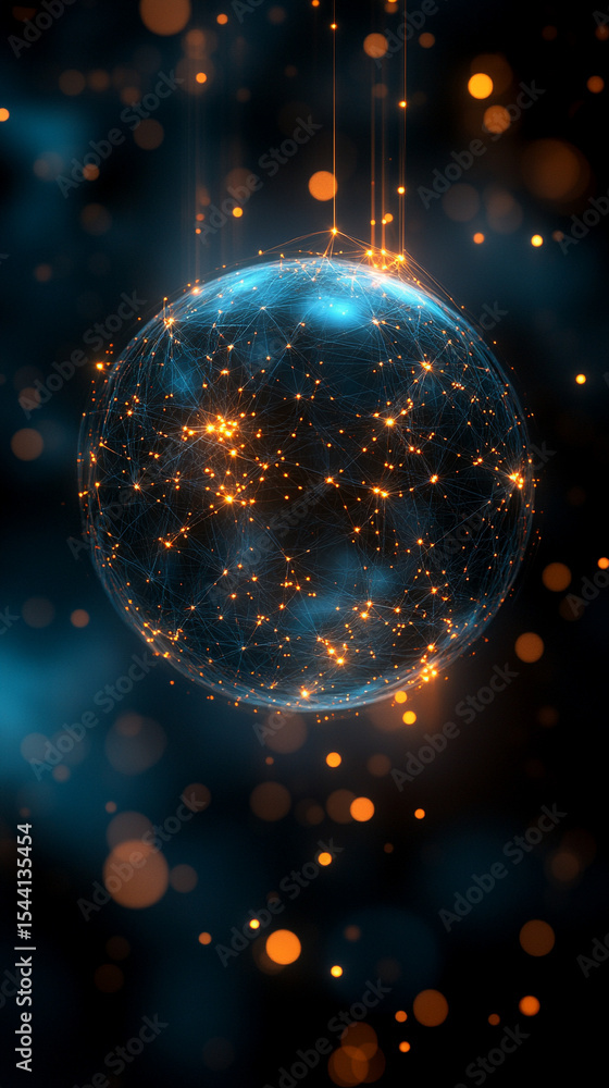 Poster pulsating wireframe sphere with coded lights glows against a dark background. abstract digital netwo