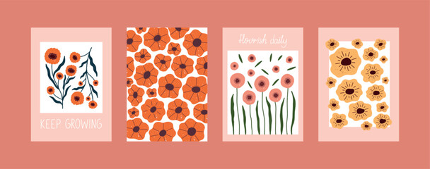 Set of motivational floral posters with blooming flowers and inspirational lettering. Hand drawn minimal design in warm tones. Perfect for modern home decor, nursery, or greeting cards.