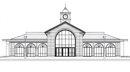 Architectural drawing of a large building, possibly a train station or market hall