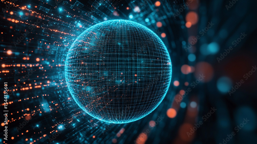 Poster pulsating wireframe sphere with coded lights glows against a dark background. abstract digital netwo