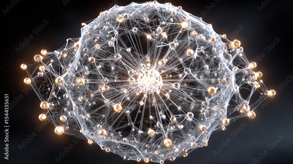 Poster pulsating wireframe sphere with coded lights glows against a dark background. abstract digital netwo