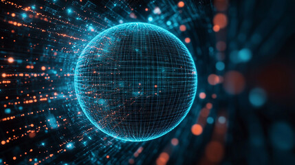 Pulsating wireframe sphere with coded lights glows against a dark background. Abstract digital network visualization symbolizing data flow, connectivity, and futuristic technology. Space for caption.
