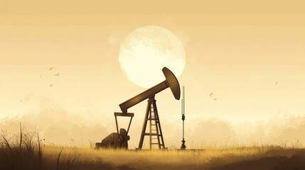 Naklejka premium Oil pump jack under a golden sunset