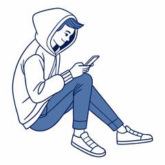 Young man sitting cross legged using smartphone hooded jacket