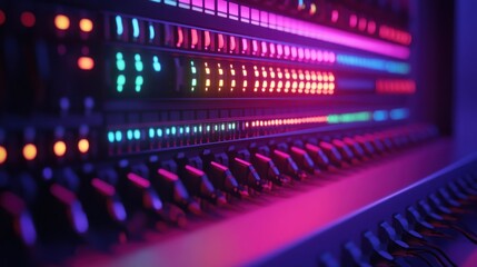 Close-up of a colorful audio mixing console