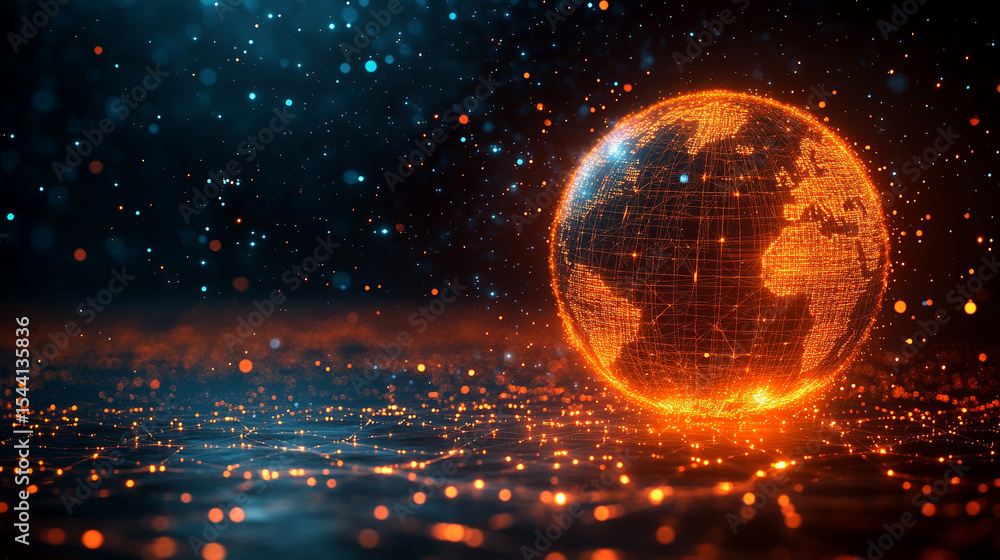 Poster pulsating wireframe sphere with coded lights glows against a dark background. abstract digital netwo