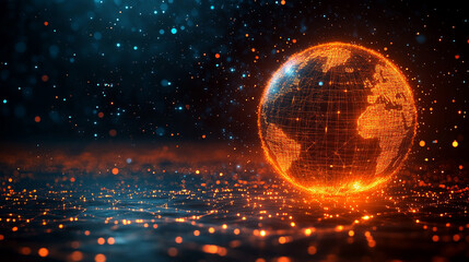 Pulsating wireframe sphere with coded lights glows against a dark background. Abstract digital network visualization symbolizing data flow, connectivity, and futuristic technology. Space for caption.
