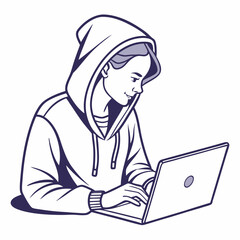 Woman in hoodie using laptop computer working online