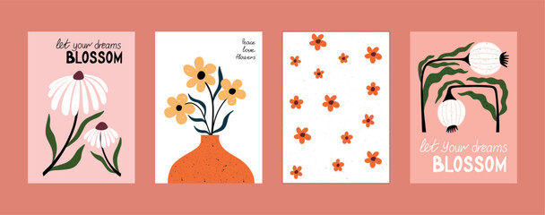 Hand drawn floral wall art with inspirational quotes, minimalist vases, blooming flowers, and scattered petals. Modern flat design in warm tones, ideal for posters, greeting cards, or interior decor