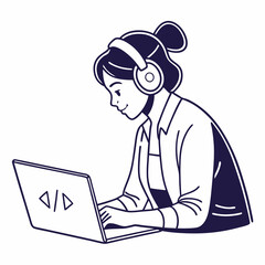 Woman wearing headphones coding on laptop computer