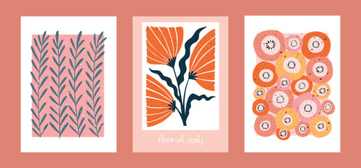 Hand drawn botanical posters with abstract flowers and bold leafy stems. Modern floral illustrations with textured backgrounds and inspiring lettering. Perfect for wall art, home decor
