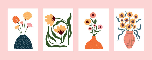 Set of hand drawn floral posters with decorative vases and minimal flat flowers. Whimsical and elegant botanical illustrations, perfect for wall decor, greeting cards, or modern interior accents.
