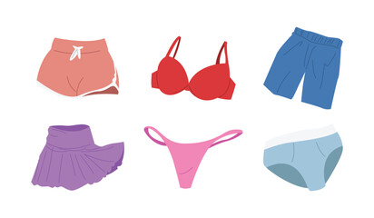 Vector set of underwear clothing. Shorts, bra, boxer, mini skirt, g string, and briefs. Cartoon style.