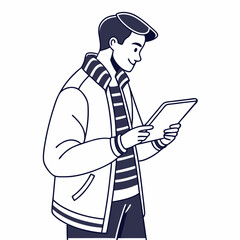 Young man using tablet device stylish clothing casual outfit
