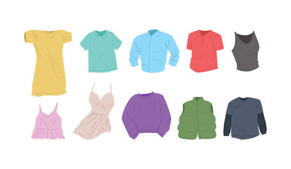 Vector set of clothing. T-shirt, dress shirt, polo, tank top, nightgown, sweater, vest, and long sleeve. Cartoon style.