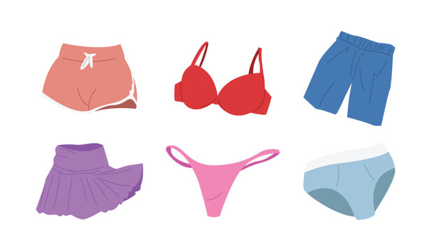 Vector set of underwear clothing. Shorts, bra, boxer, mini skirt, g string, and briefs. Cartoon style.