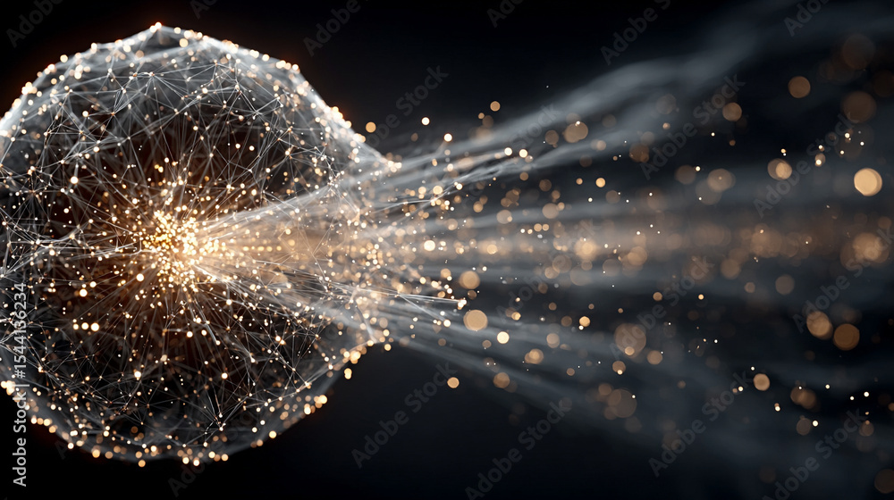 Poster pulsating wireframe sphere with coded lights glows against a dark background. abstract digital netwo