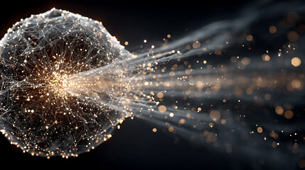 Pulsating wireframe sphere with coded lights glows against a dark background. Abstract digital network visualization symbolizing data flow, connectivity, and futuristic technology. Space for caption.
