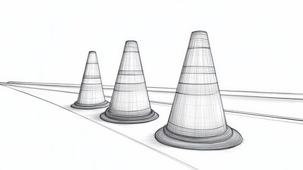 Three traffic cones, wireframe style, on a road