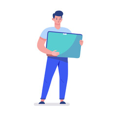 Man holding large tablet device on white background clean cutout