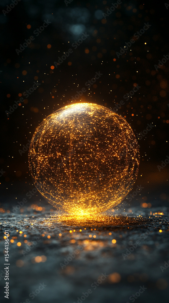 Poster pulsating wireframe sphere with coded lights glows against a dark background. abstract digital netwo