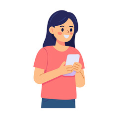 Smiling girl using smartphone, clean cutout, transparent background