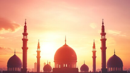 Silhouetted mosque at sunrise