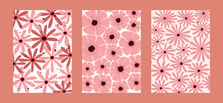 floral pattern set with hand drawn daisy and poppy flowers in pink and red palette for fabric, wrapping paper, wallpaper and spring decor