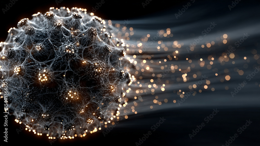 Poster pulsating wireframe sphere with coded lights glows against a dark background. abstract digital netwo