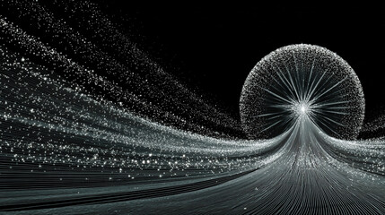 Pulsating wireframe sphere with coded lights glows against a dark background. Abstract digital network visualization symbolizing data flow, connectivity, and futuristic technology. Space for caption.