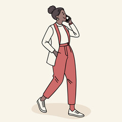 Stylish black woman walking and talking on cell phone