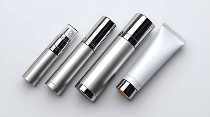 Sleek skincare branding mockup scene features assorted product types, including silver and white bottles and tubes, arranged on light background