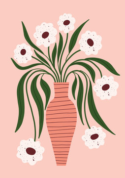 Minimal floral bouquet in hand drawn style with white flowers and long green leaves in a striped terracotta vase. Great for prints, wall art, and modern decor projects.