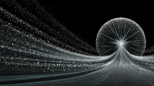 Pulsating wireframe sphere with coded lights glows against a dark background. Abstract digital network visualization symbolizing data flow, connectivity, and futuristic technology. Space for caption.