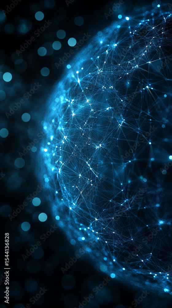 Poster pulsating wireframe sphere with coded lights glows against a dark background. abstract digital netwo