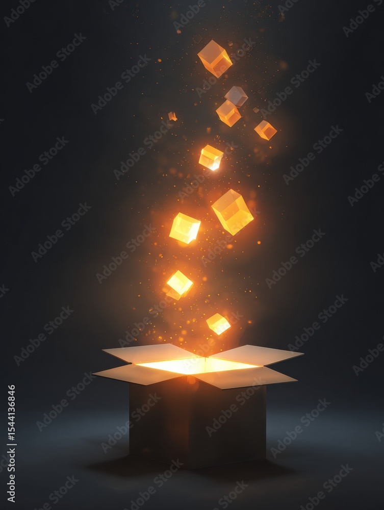 Aufkleber Glowing Shapes Emerge and Float From a Dark Box Creating an Enchanting Atmosphere in a Mystical Space