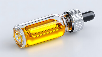 Clear glass dropper bottle filled with vibrant yellow liquid lies on smooth surface, showcasing sleek design ideal for skincare or essential oils