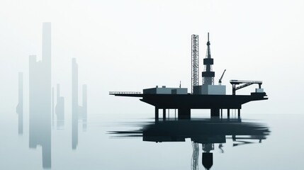 Silhouetted offshore rig on misty water, city in background