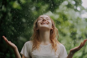 Joyful woman standing in the rain with arms raised