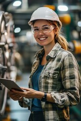 Smiling female engineer with helmet and tablet in factory