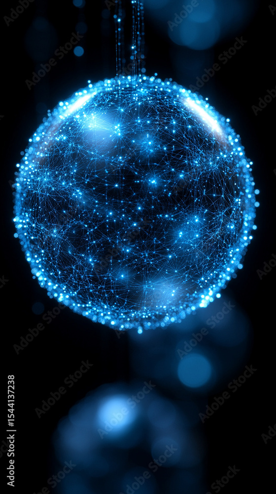 Poster pulsating wireframe sphere with coded lights glows against a dark background. abstract digital netwo