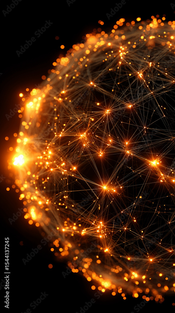 Poster pulsating wireframe sphere with coded lights glows against a dark background. abstract digital netwo