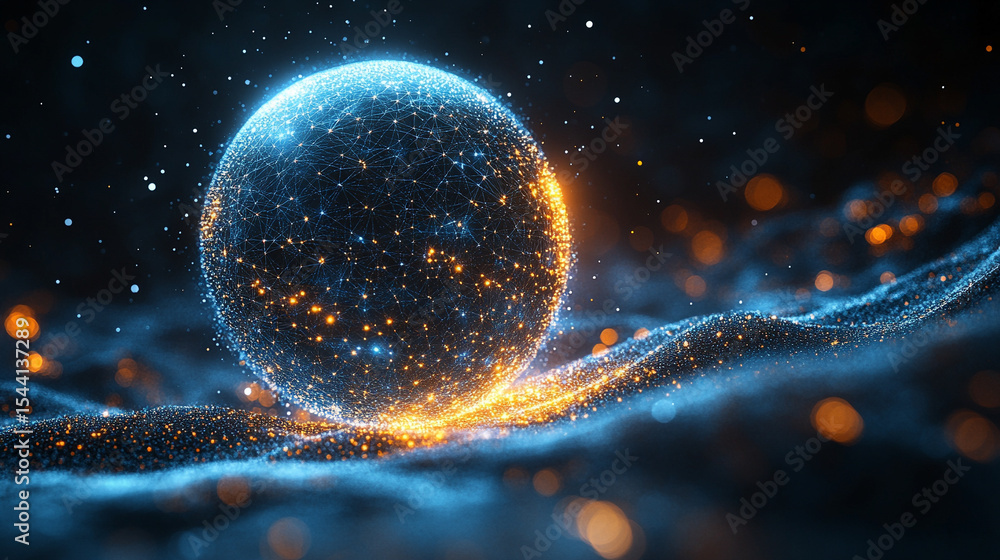 Poster pulsating wireframe sphere with coded lights glows against a dark background. abstract digital netwo
