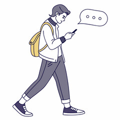 Walking young man using smartphone with speech bubble transparent cutout