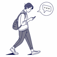 Young man walking using smartphone texting messaging